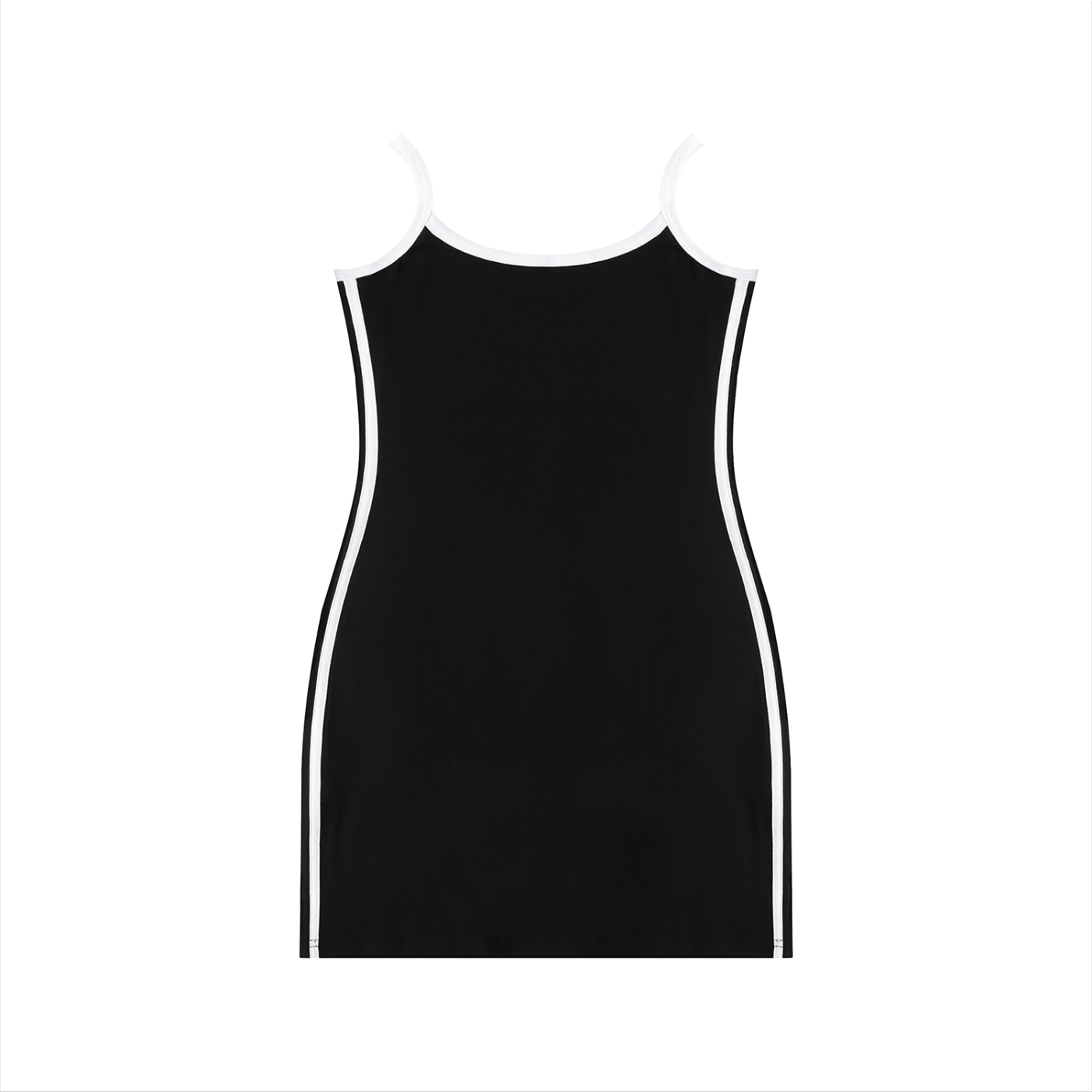 Black dress with white trim on a white background