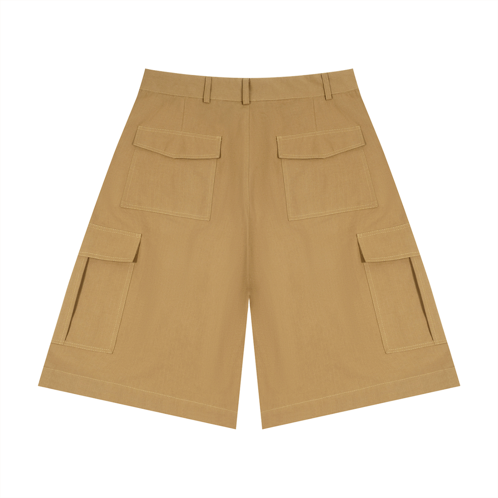 Tan shorts with multiple pockets on a white background