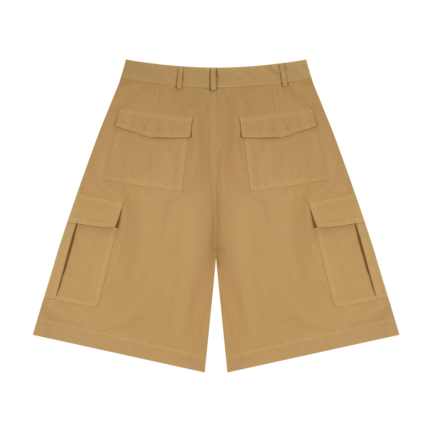 Tan shorts with multiple pockets on a white background