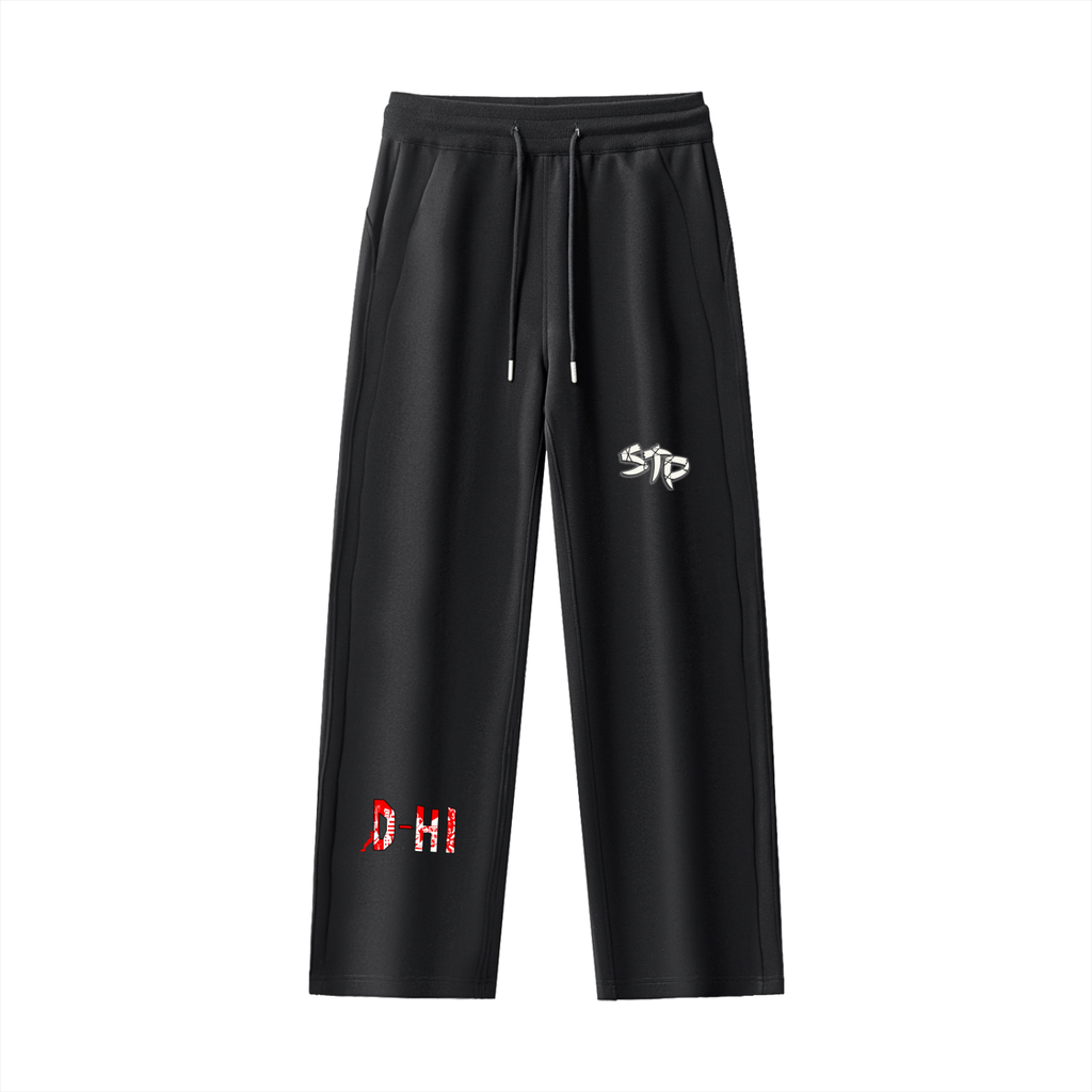 Black pants with white and red text on a white background