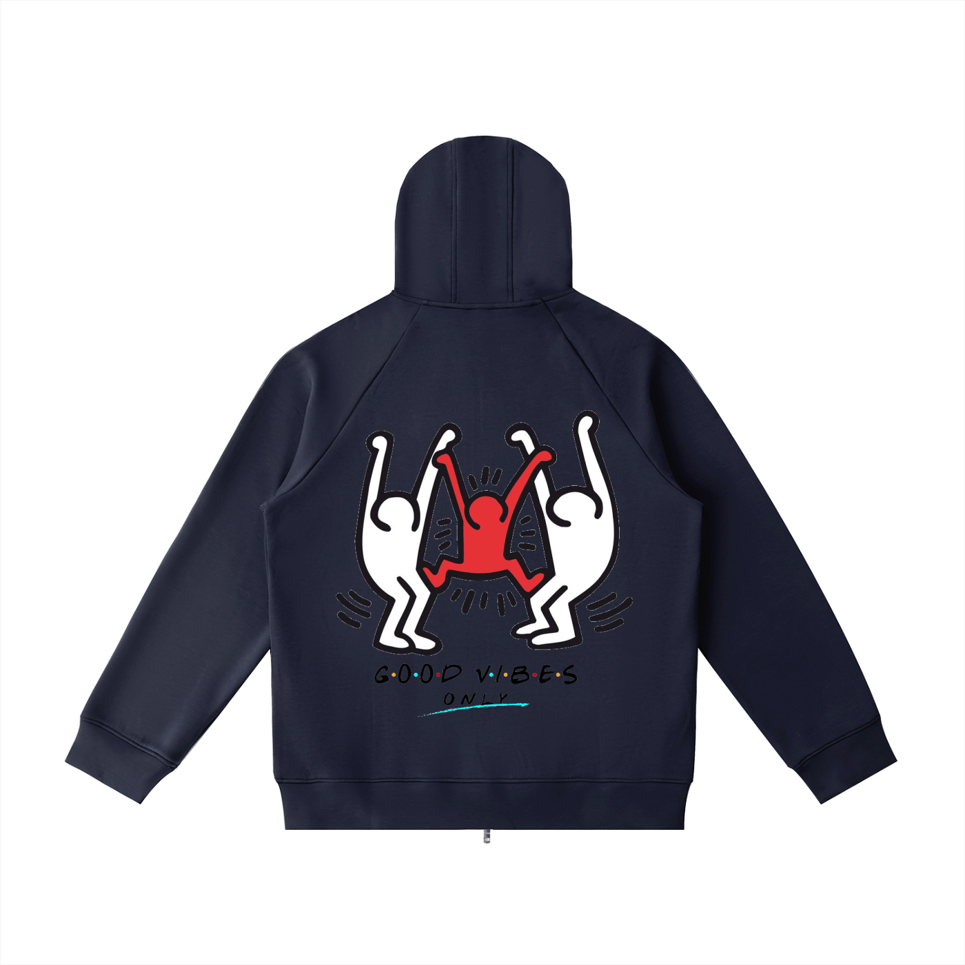 Navy blue hoodie with a graphic design on the back on a white background
