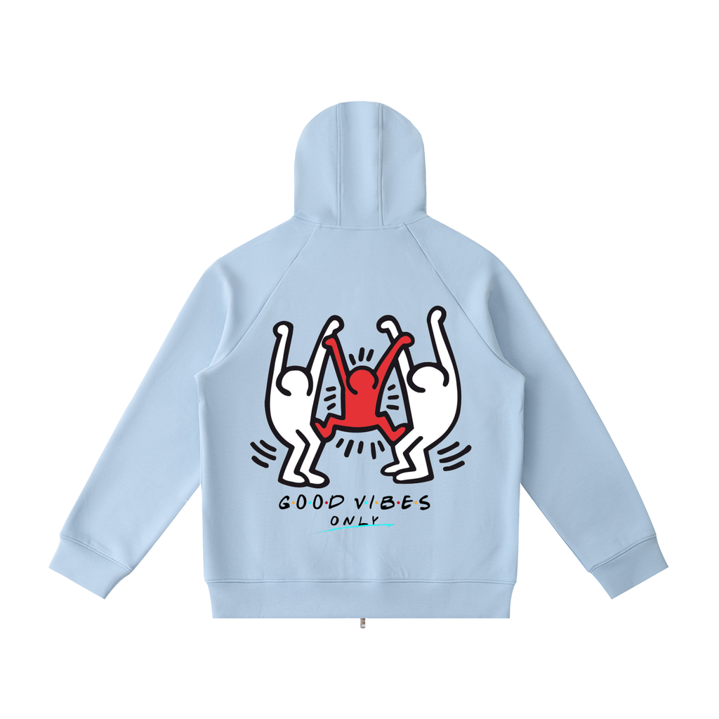 Light blue hoodie with graphic design and 'Good Vibes Only' text on a white background