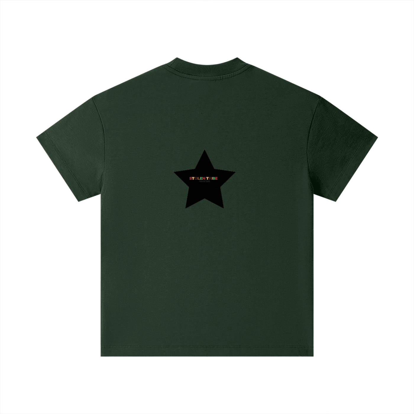 Dark green t-shirt with a black star design on the back against a white background