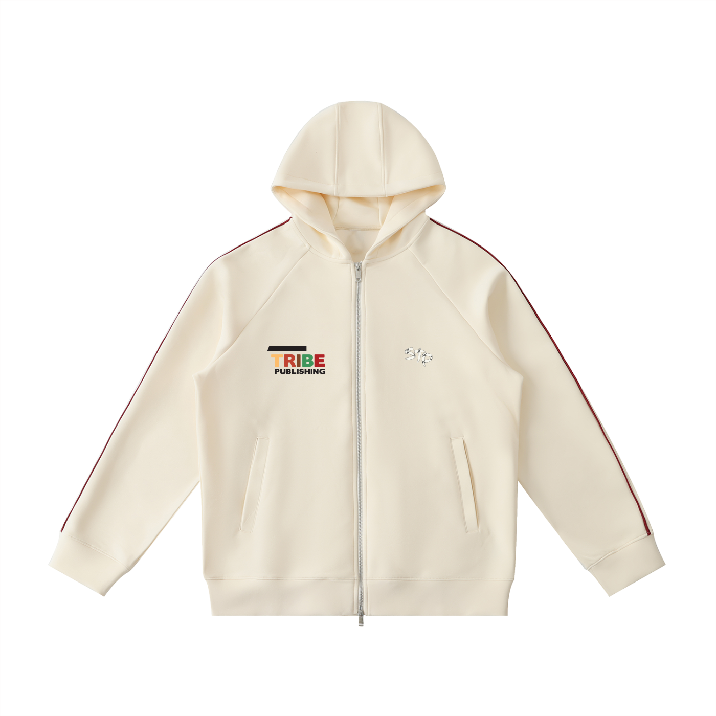 Beige hoodie with colorful 'TRIBE' logo on a white background