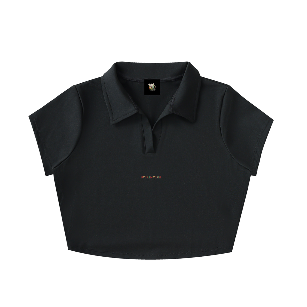 Black crop top with short sleeves on a white background