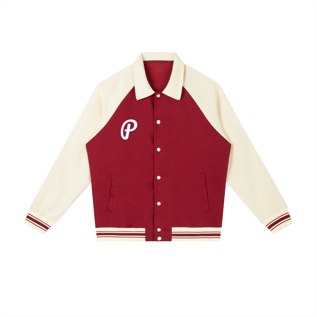 Red and cream varsity jacket with a logo on a white background