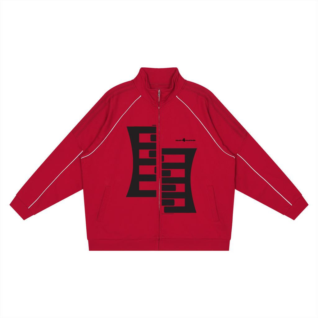 Red jacket with black graphic design on a white background