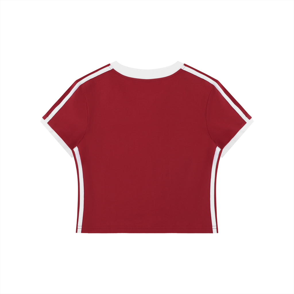 Red t-shirt with white stripes on sleeves and neckline against a white background