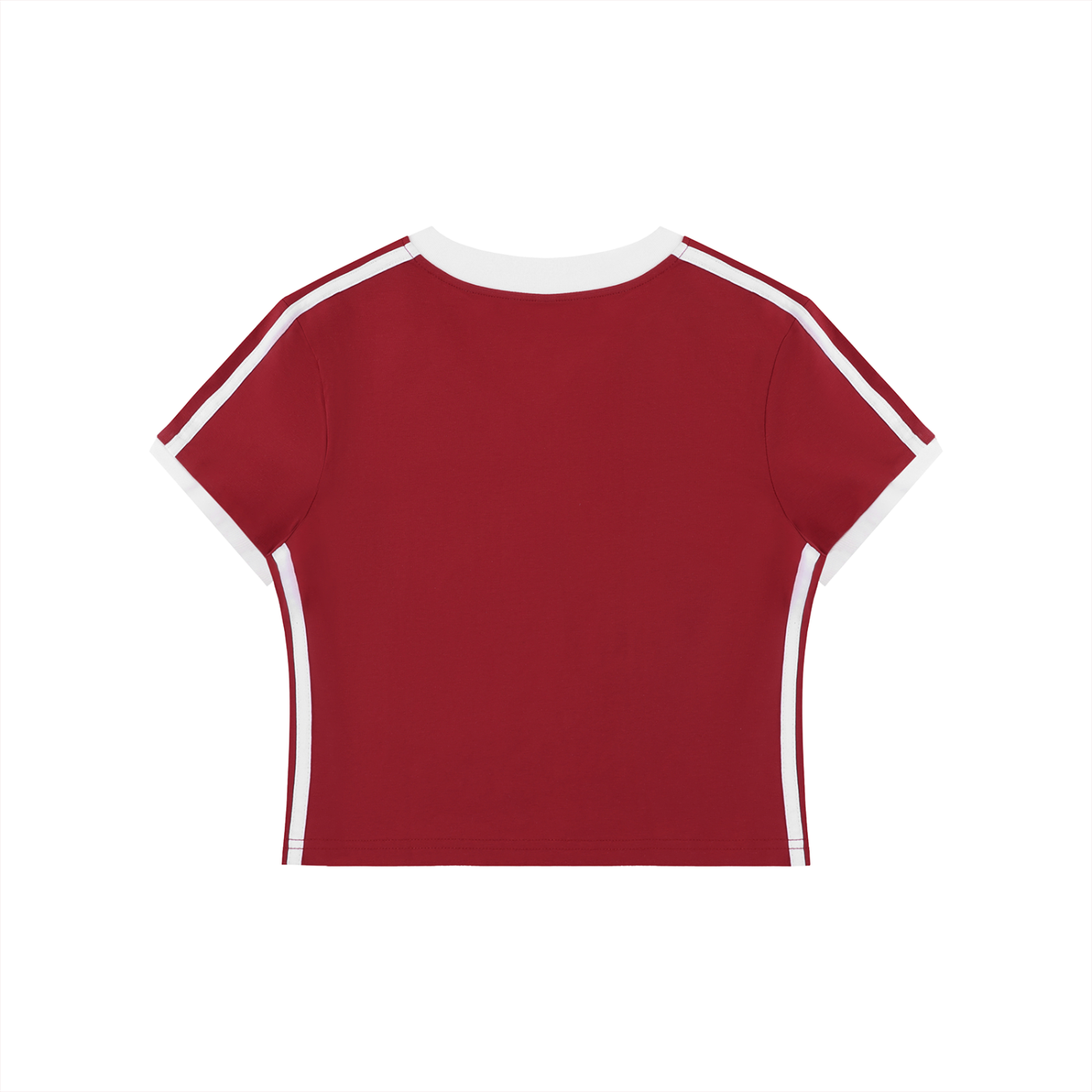 Red t-shirt with white stripes on sleeves and neckline against a white background
