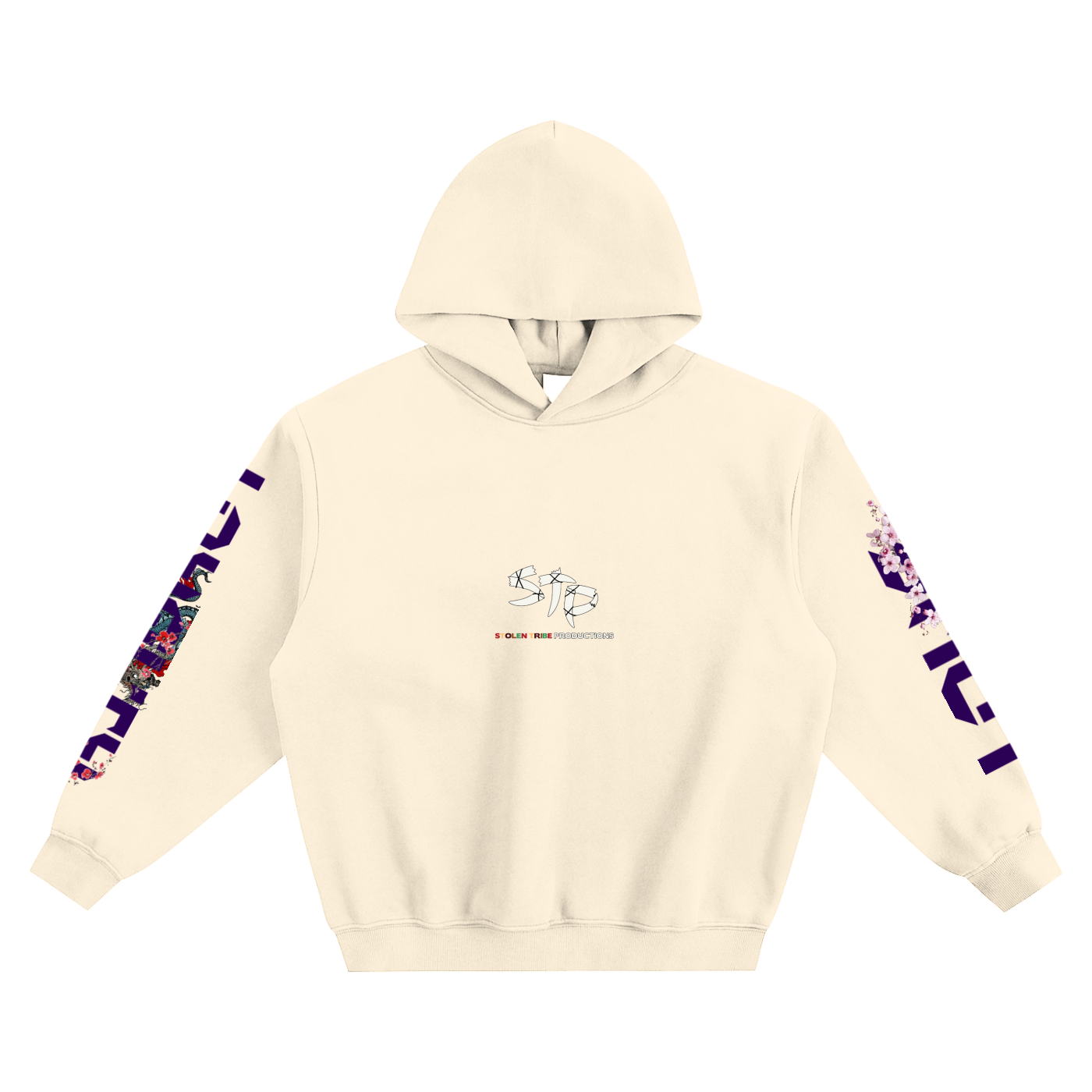 Beige hoodie with floral designs on sleeves against a white background