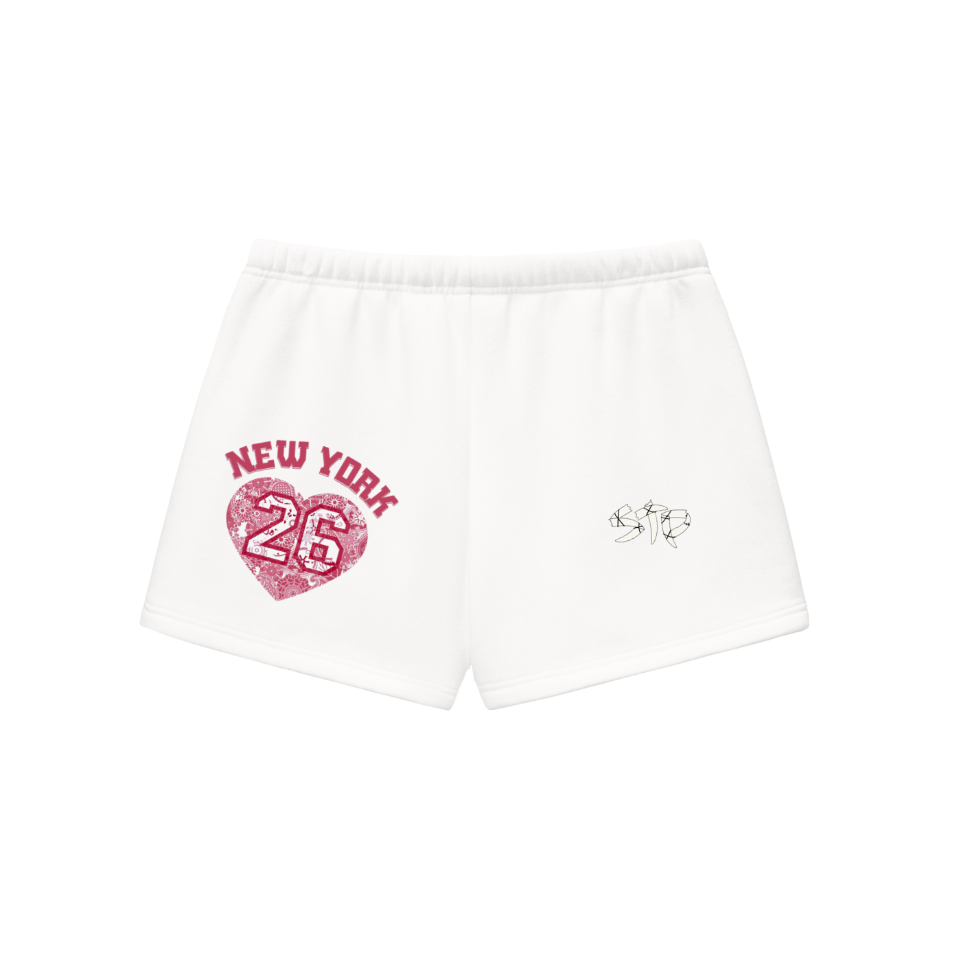 White shorts with red 'New York 26' heart design on a white background