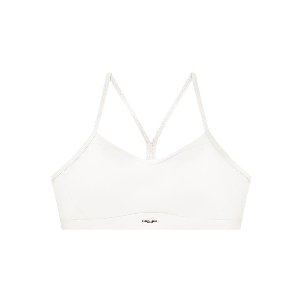 White bralette with thin straps on a white background