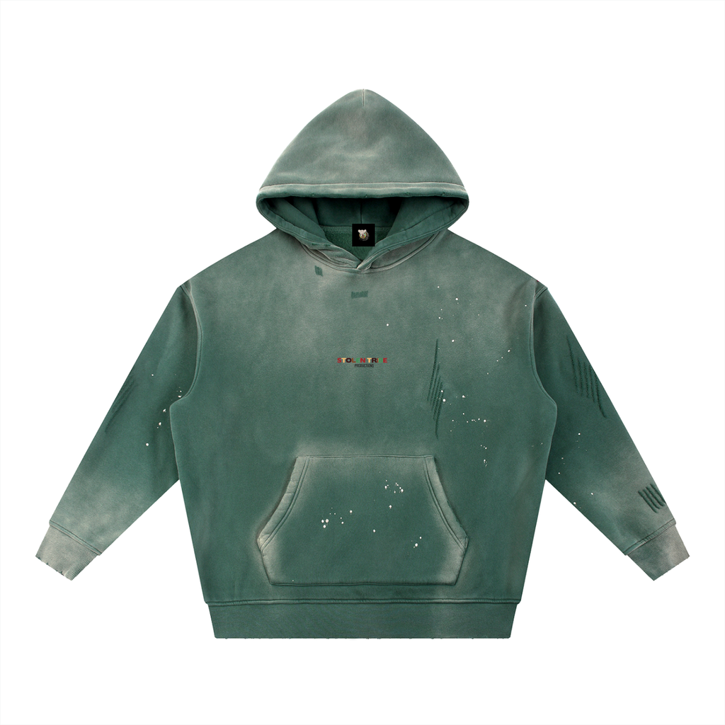 Green hoodie with a brand logo on a white background