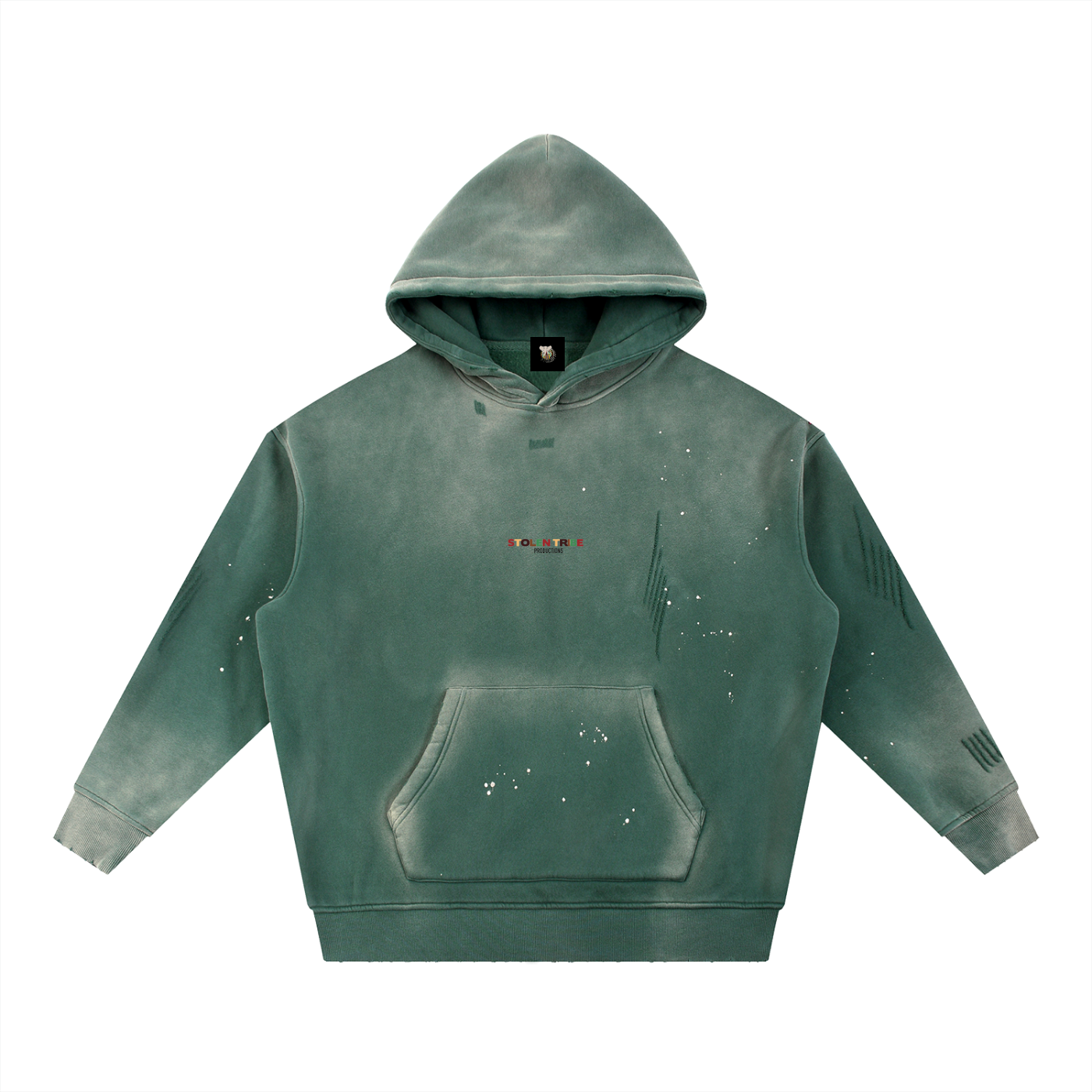 Green hoodie with a brand logo on a white background