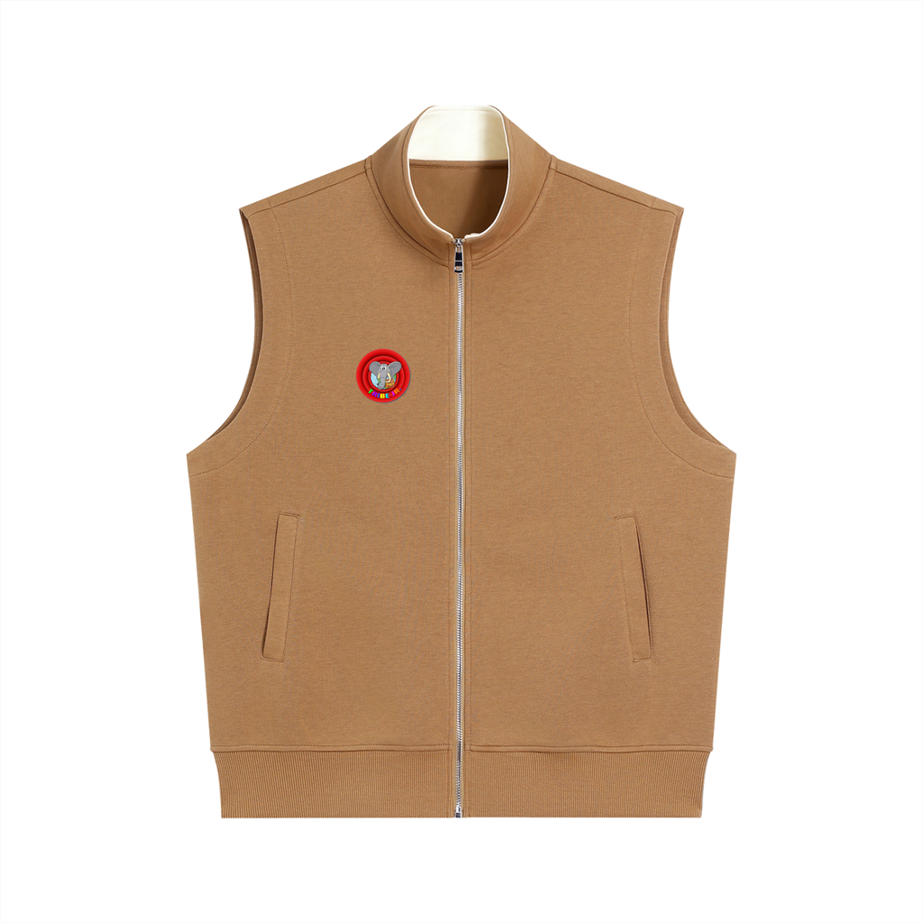 Brown vest with a red and white logo on a white background