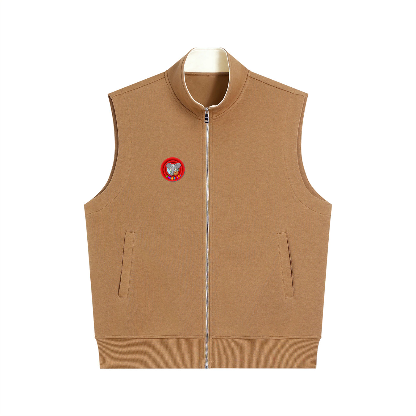 Brown vest with a red and white logo on a white background