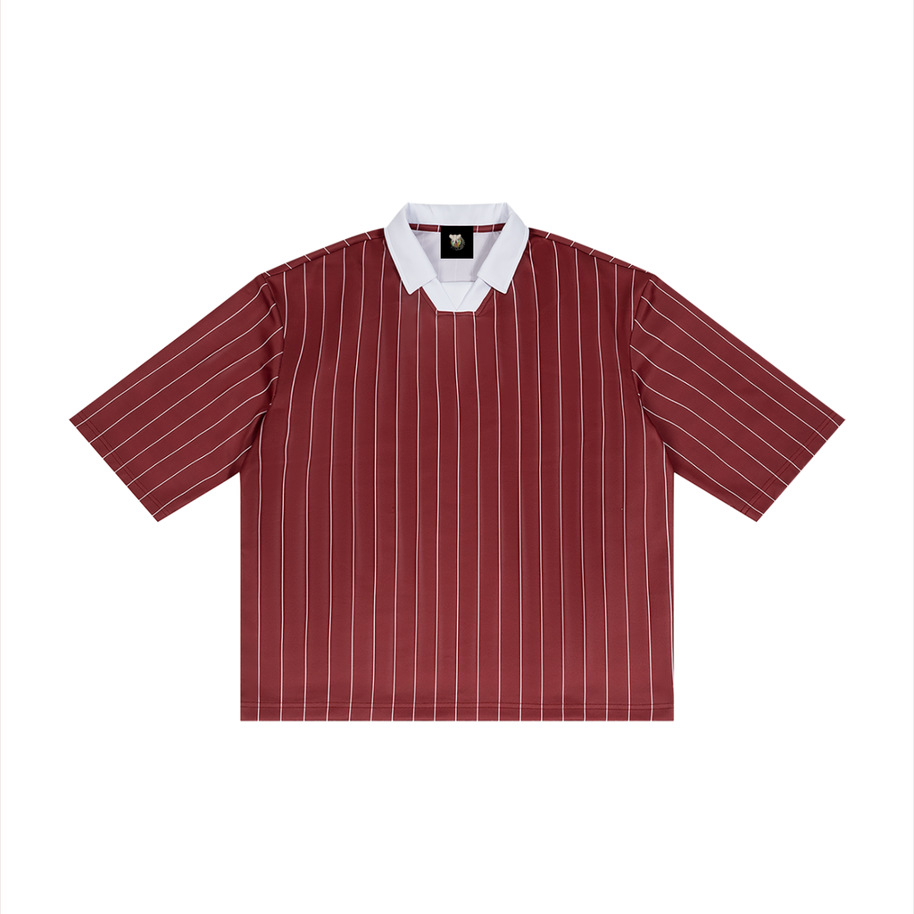 Red and white striped shirt with a white collar on a white background