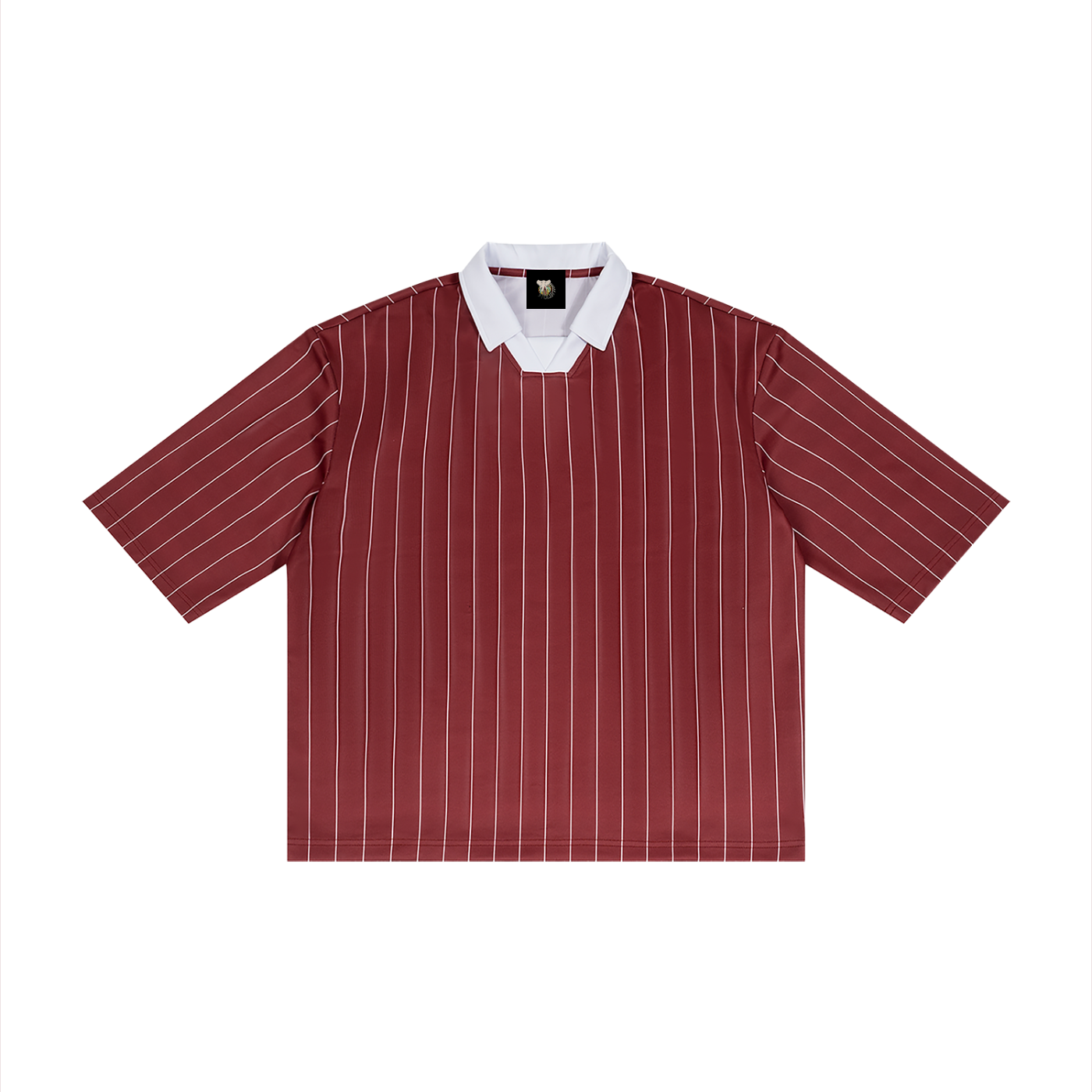 Red and white striped shirt with a white collar on a white background