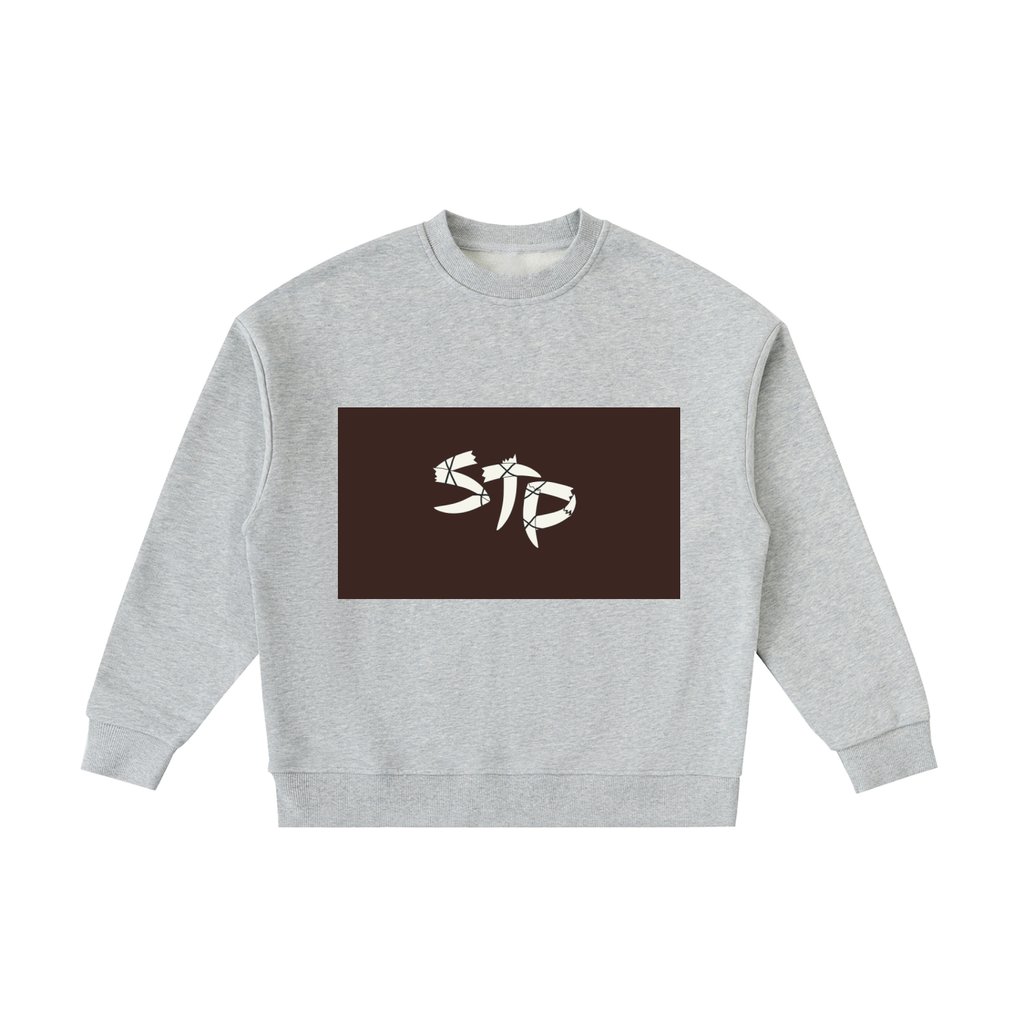 Gray sweatshirt with a brown logo featuring the letters 'STP' on a white background
