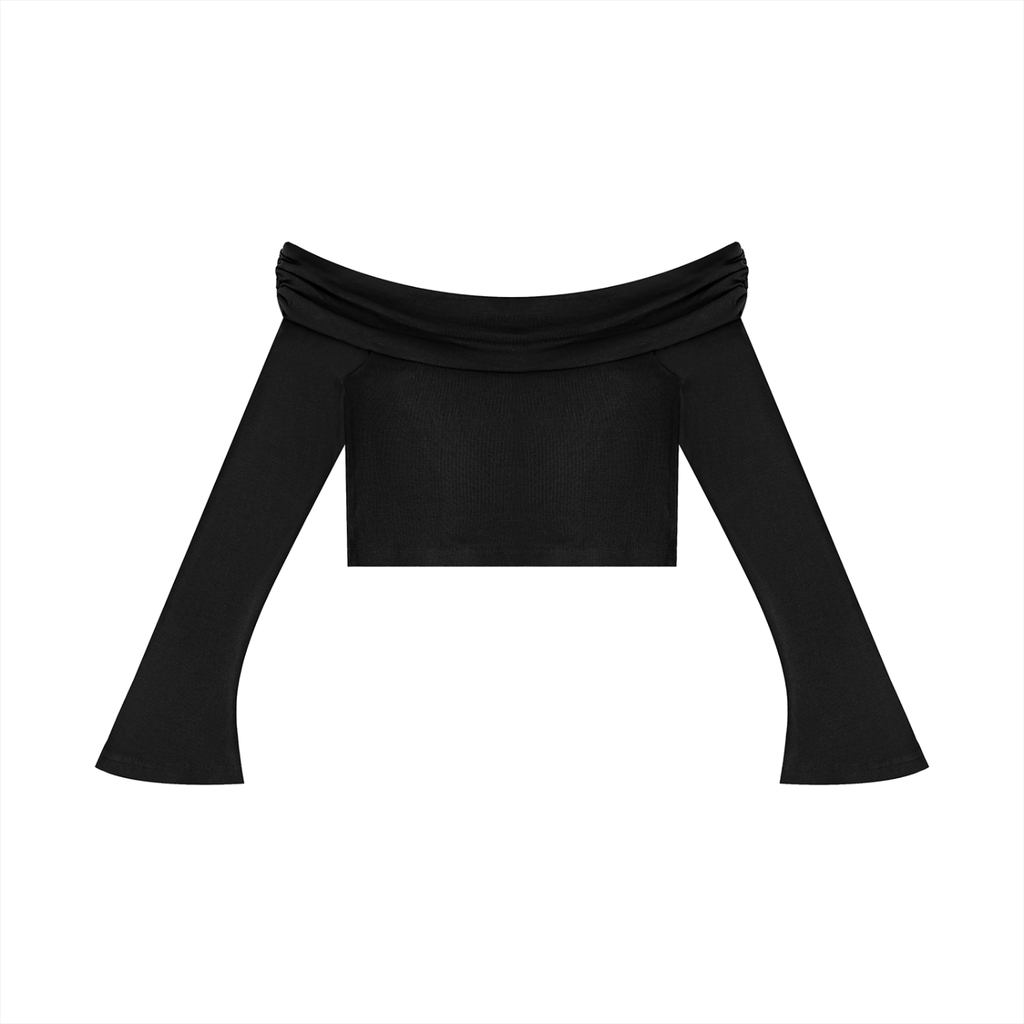 Black off-shoulder top on a white background