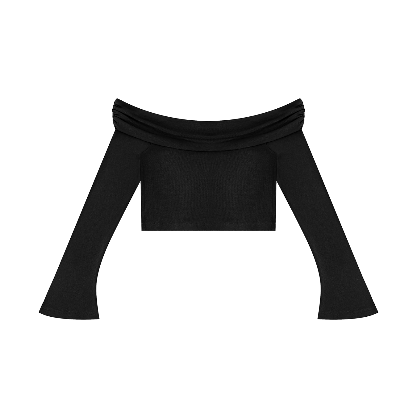Black off-shoulder top on a white background