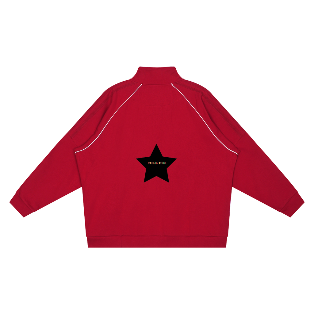 Red jacket with a black star on the back against a white background