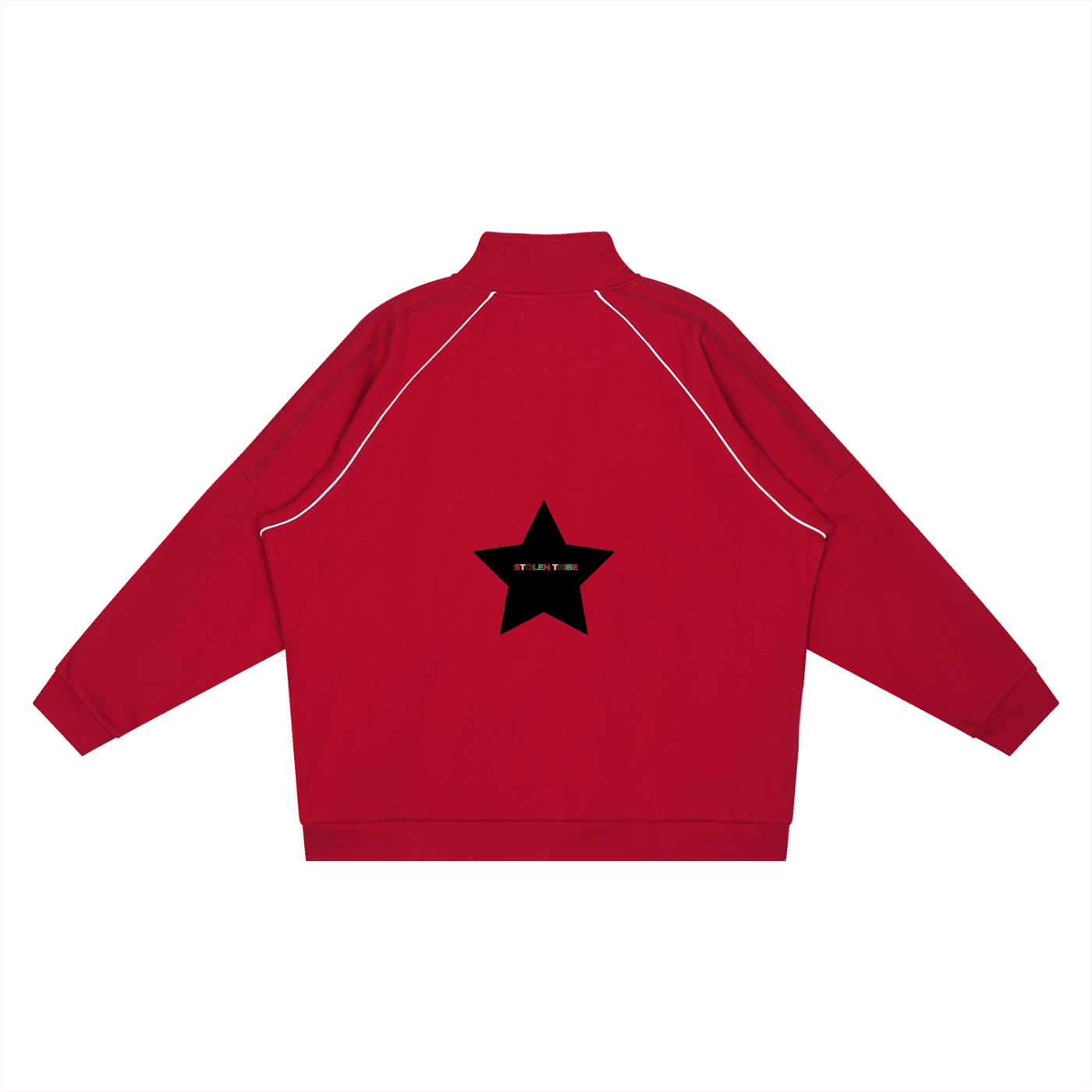 Red jacket with a black star on the back against a white background