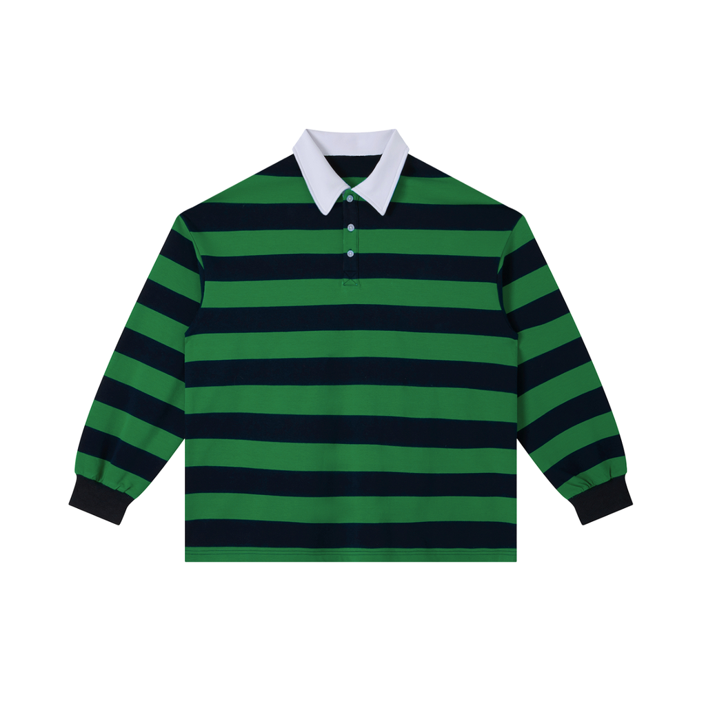 Green and navy striped long-sleeve shirt with a white collar on a white background