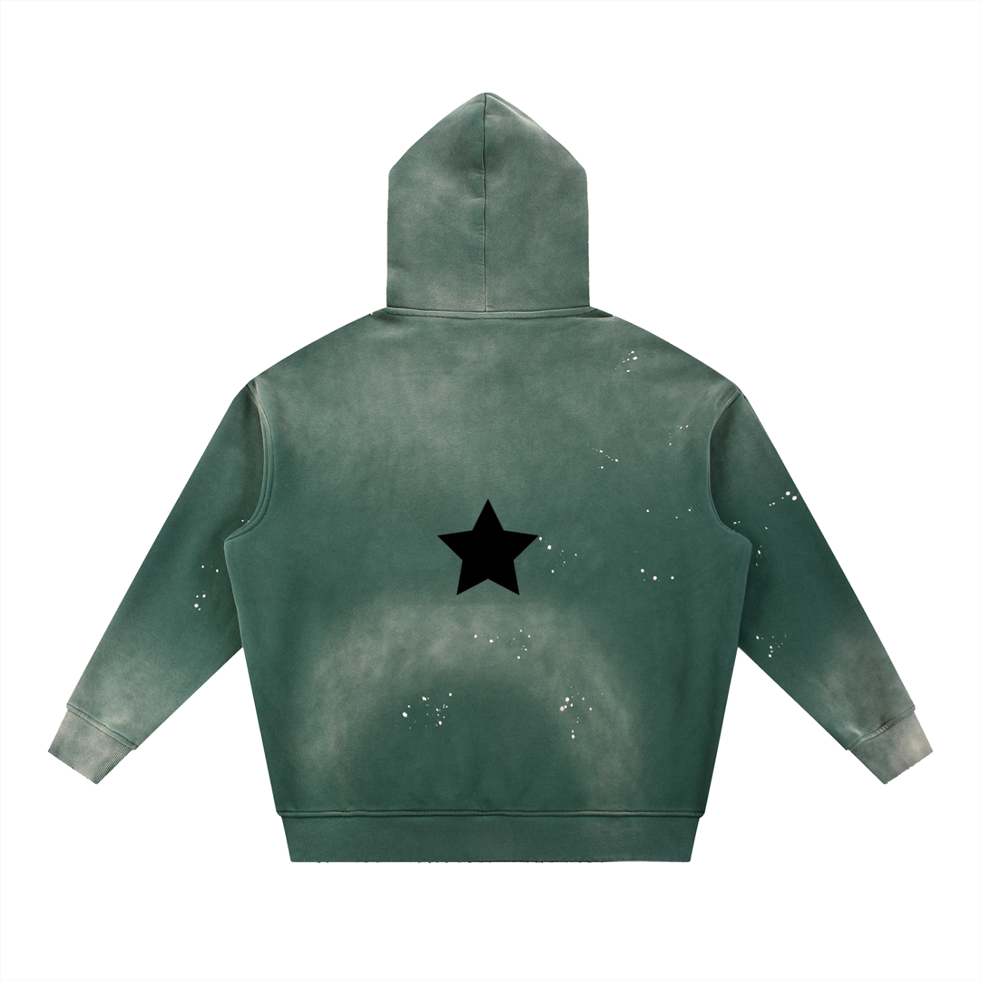 Green hoodie with a black star on the back against a white background
