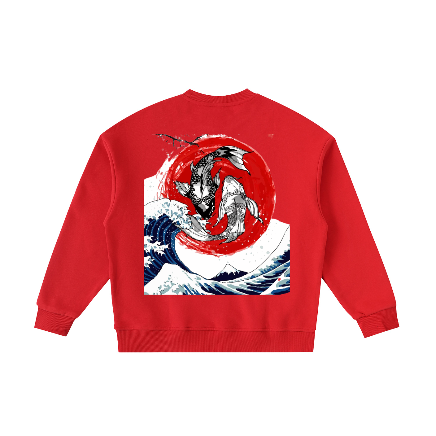Red sweatshirt with a fish and wave design on the back against a white background