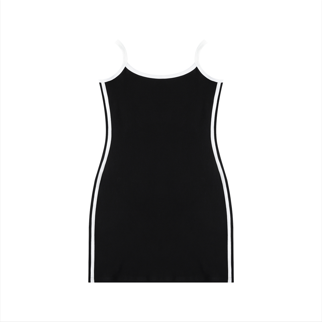 Black dress with white trim on a white background