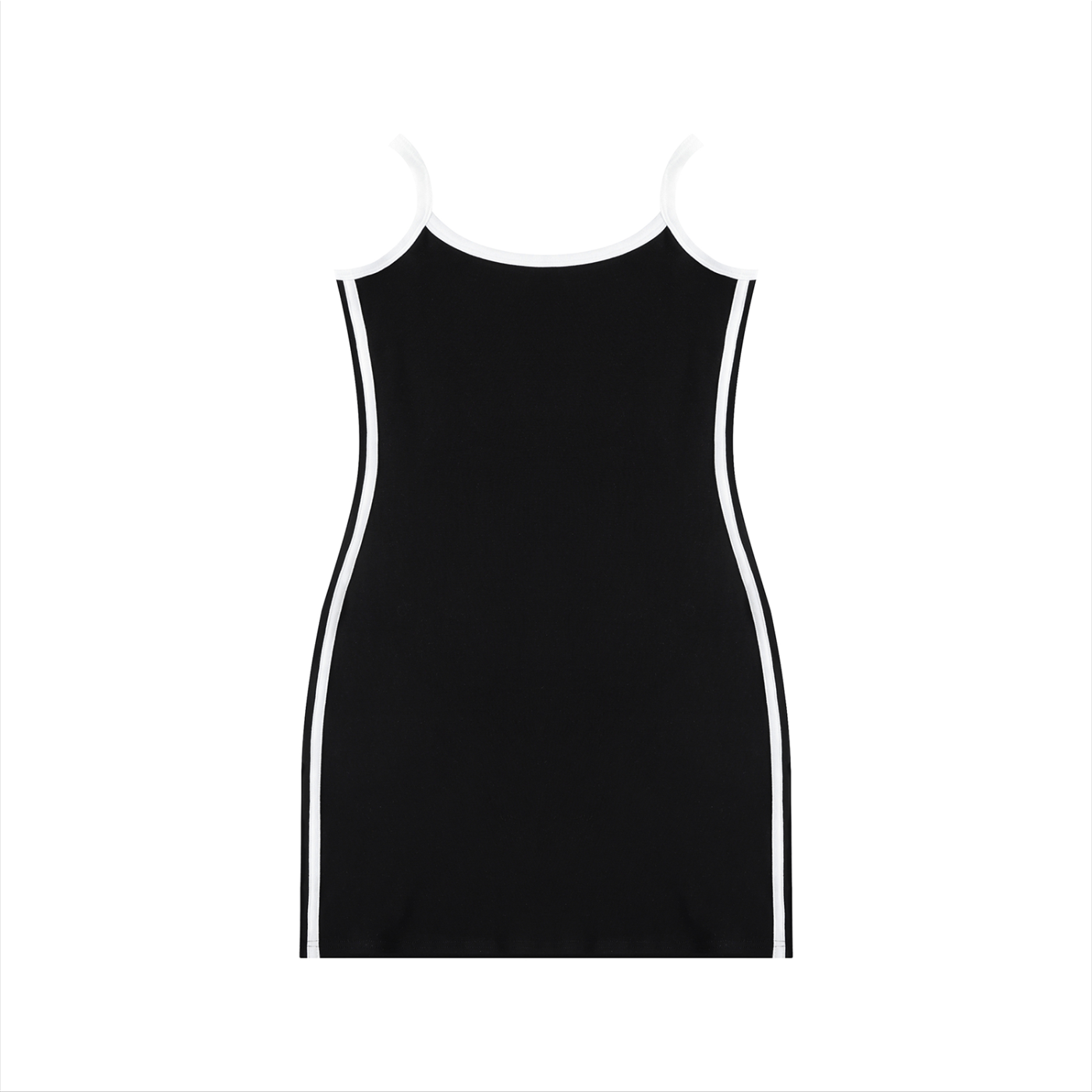 Black dress with white trim on a white background