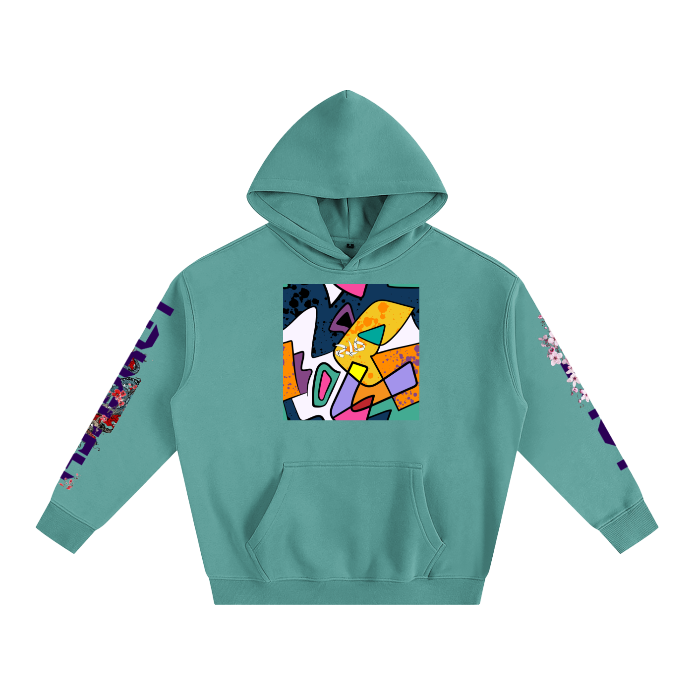 Teal hoodie with colorful geometric design on a white background