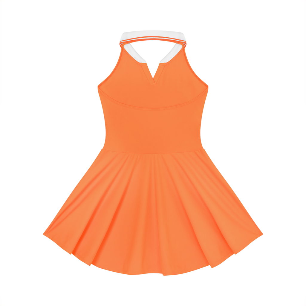 Orange dress with white trim on a white background