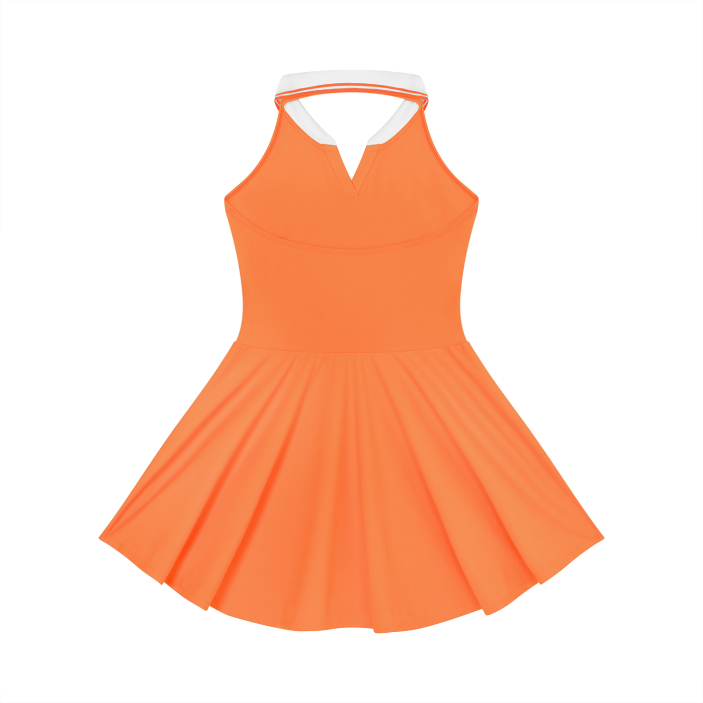Orange dress with white trim on a white background