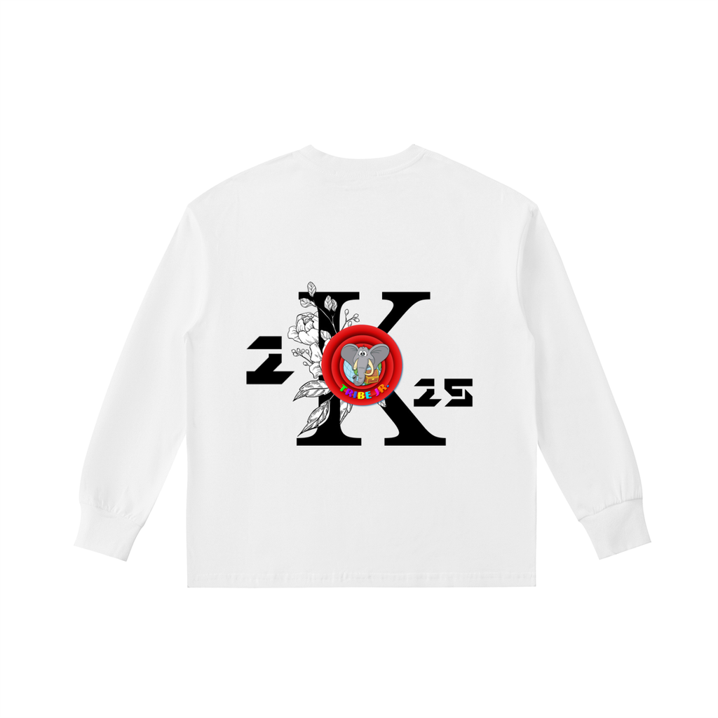 White long-sleeve shirt with a design on the back featuring numbers and graphics.