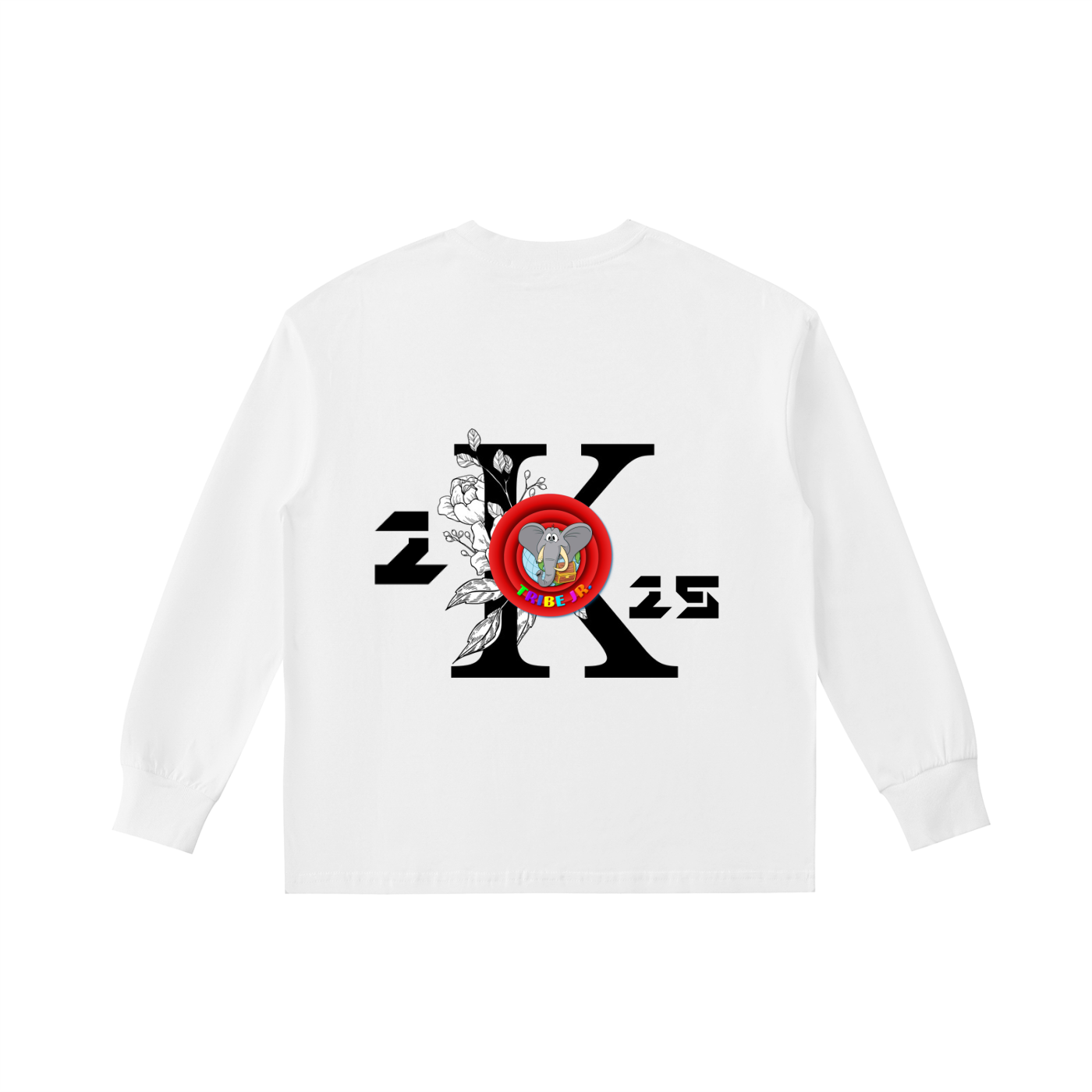 White long-sleeve shirt with a design on the back featuring numbers and graphics.