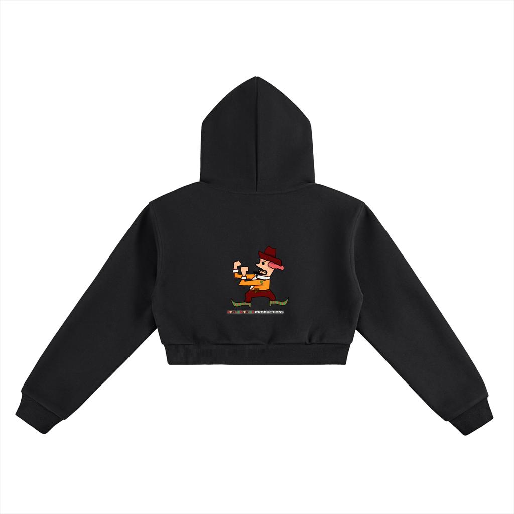 Black hoodie with a character design on the back against a white background