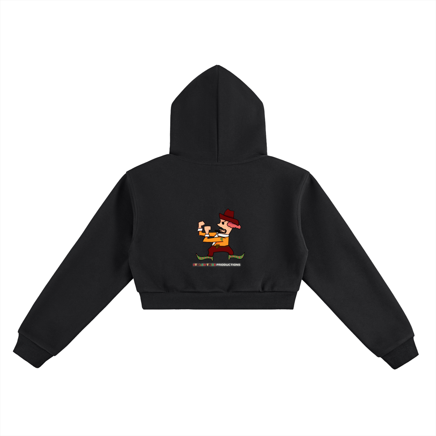 Black hoodie with a character design on the back against a white background