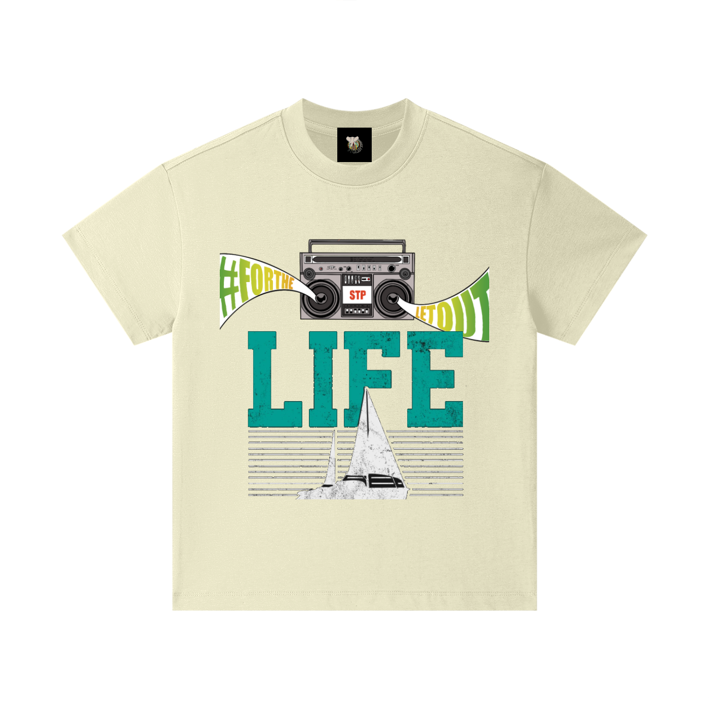 Beige t-shirt with graphic design featuring a boombox, sailboat, and text on a white background