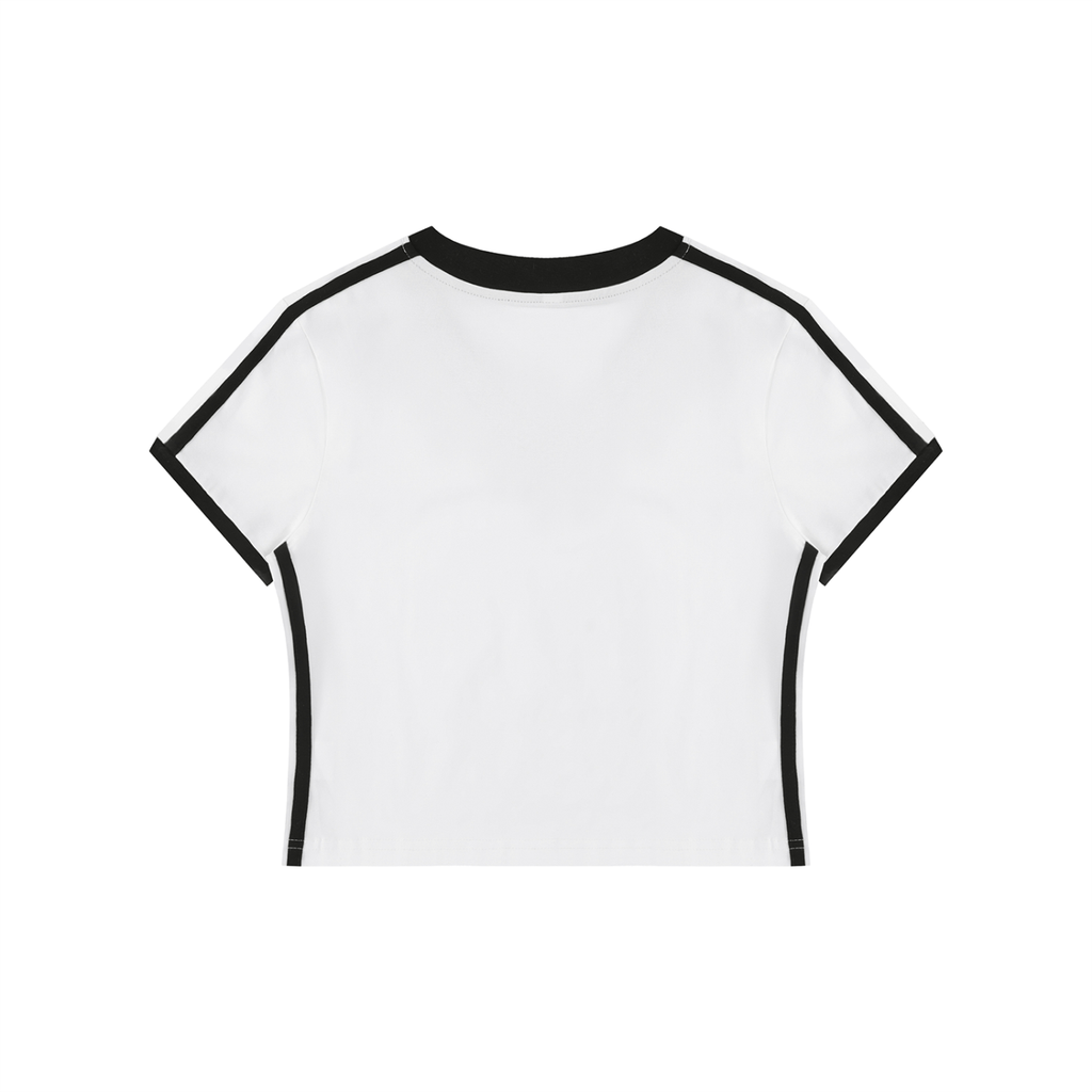 White t-shirt with black trim on a white background
