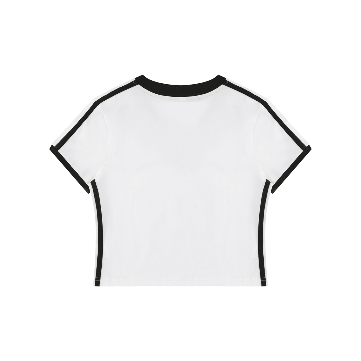 White t-shirt with black trim on a white background