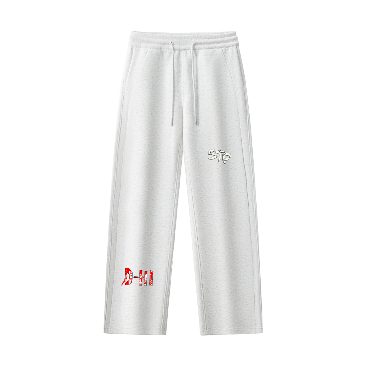 White sweatpants with logos on a white background