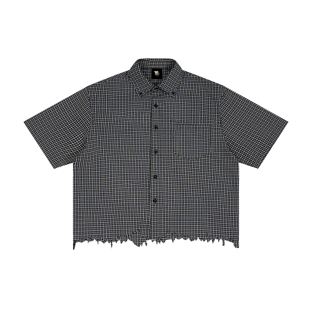 Black and white checkered shirt with frayed edges on a white background