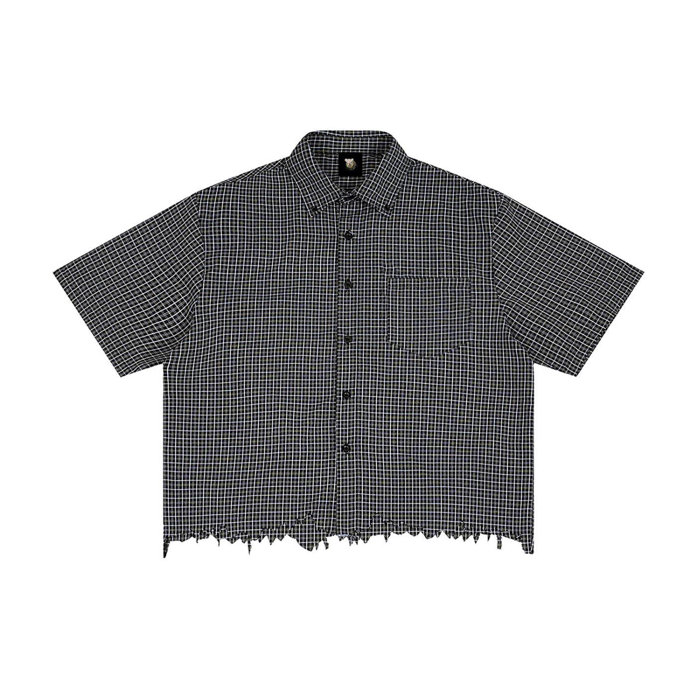 Black and white checkered shirt with frayed edges on a white background
