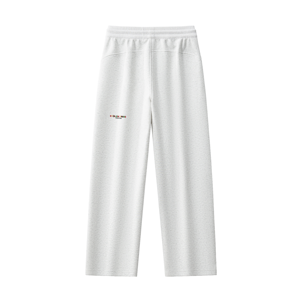 White sweatpants with a small logo on a white background