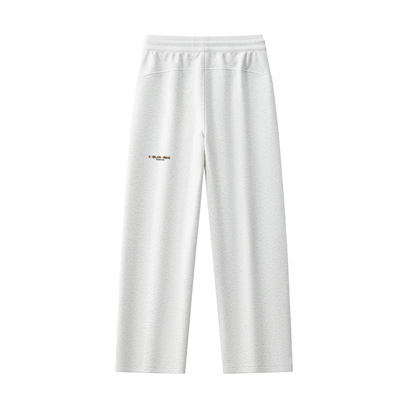 White sweatpants with a small logo on a white background