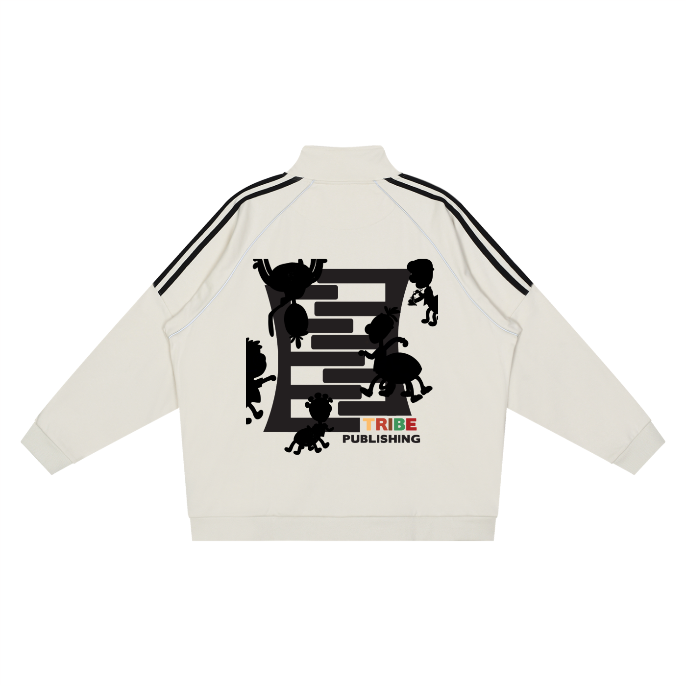 White jacket with black graphics and text on a white background