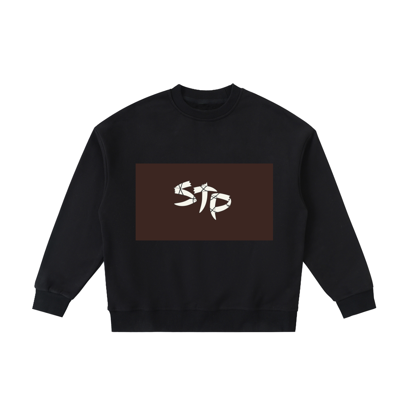 Black sweatshirt with a brown rectangle and white logo on a white background