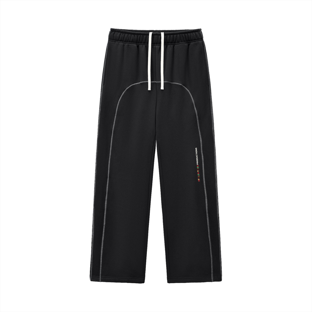 Black pants with white accents on a white background